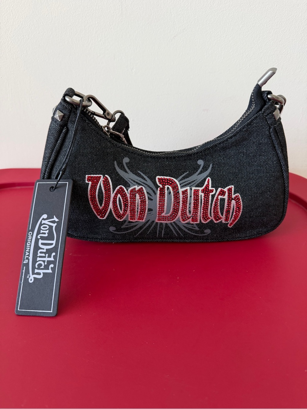 Von Dutch Black Denim Mini Bag with Red Logo